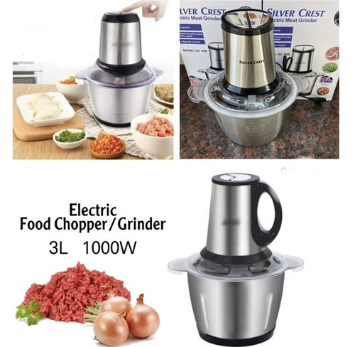 “5-in-1 3 Litre Silver Crest Electric & Hand Push Meat Chopper Stainless Steel Bowl Food Processor & Vegetable Cutter”